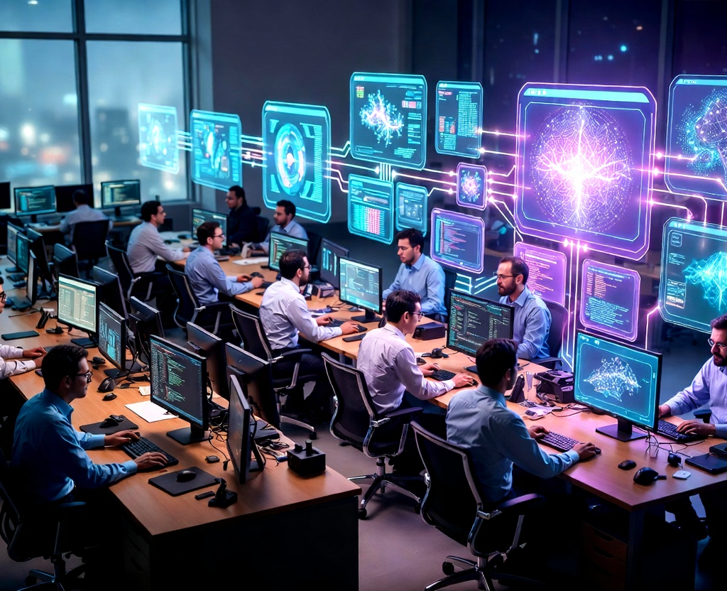 Post Prompt:Diverse professionals collaborating with glowing holographic AI interfaces and neural networks in a modern futuristic office.