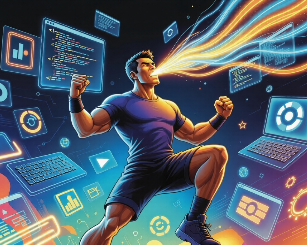 Eating Software:The Rise Of 7 Powerful Player Coach Powerful athletic coach dynamically eating software code and rising with energy in a futuristic tech environment.