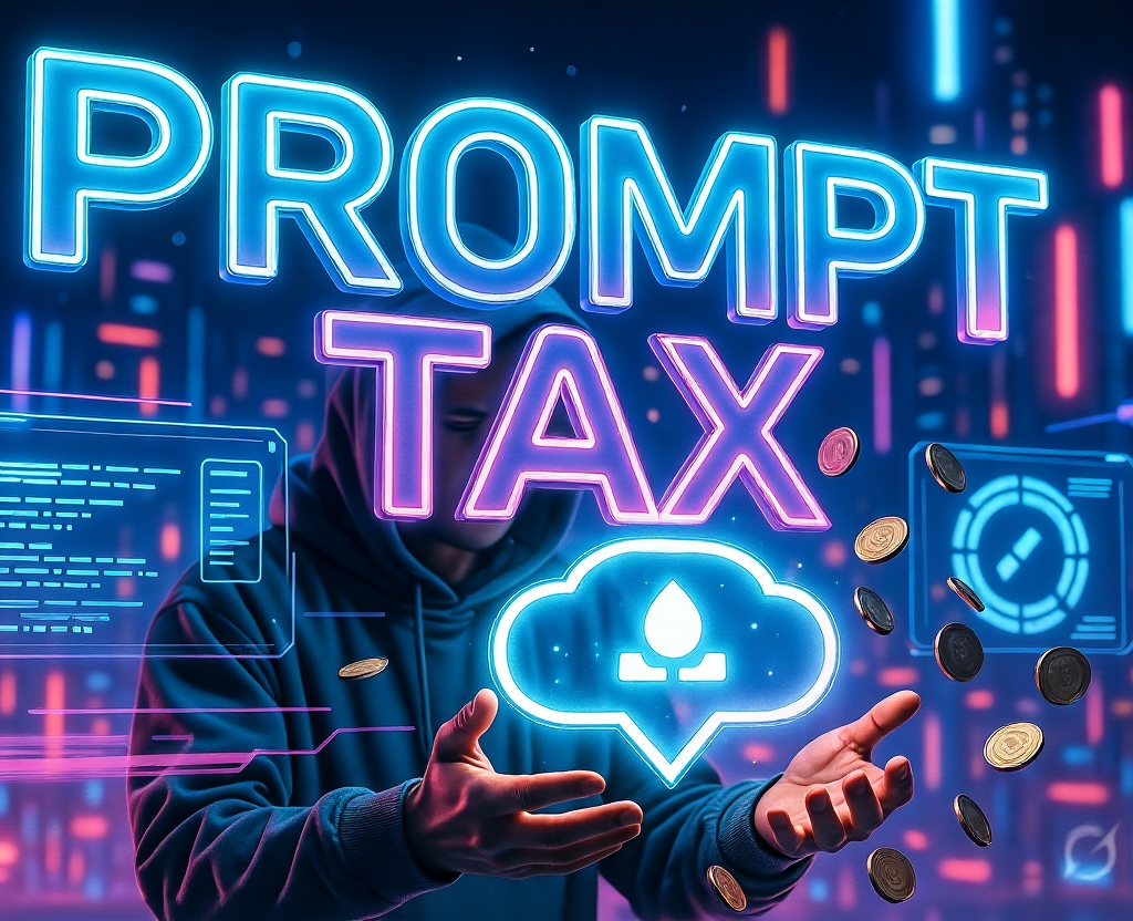Futuristic neon "Prompt Tax" illustration with AI engineer and floating tokens