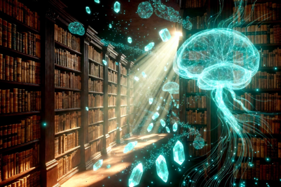 Futuristic digital library with glowing holographic brain and memory crystals floating among ancient bookshelves