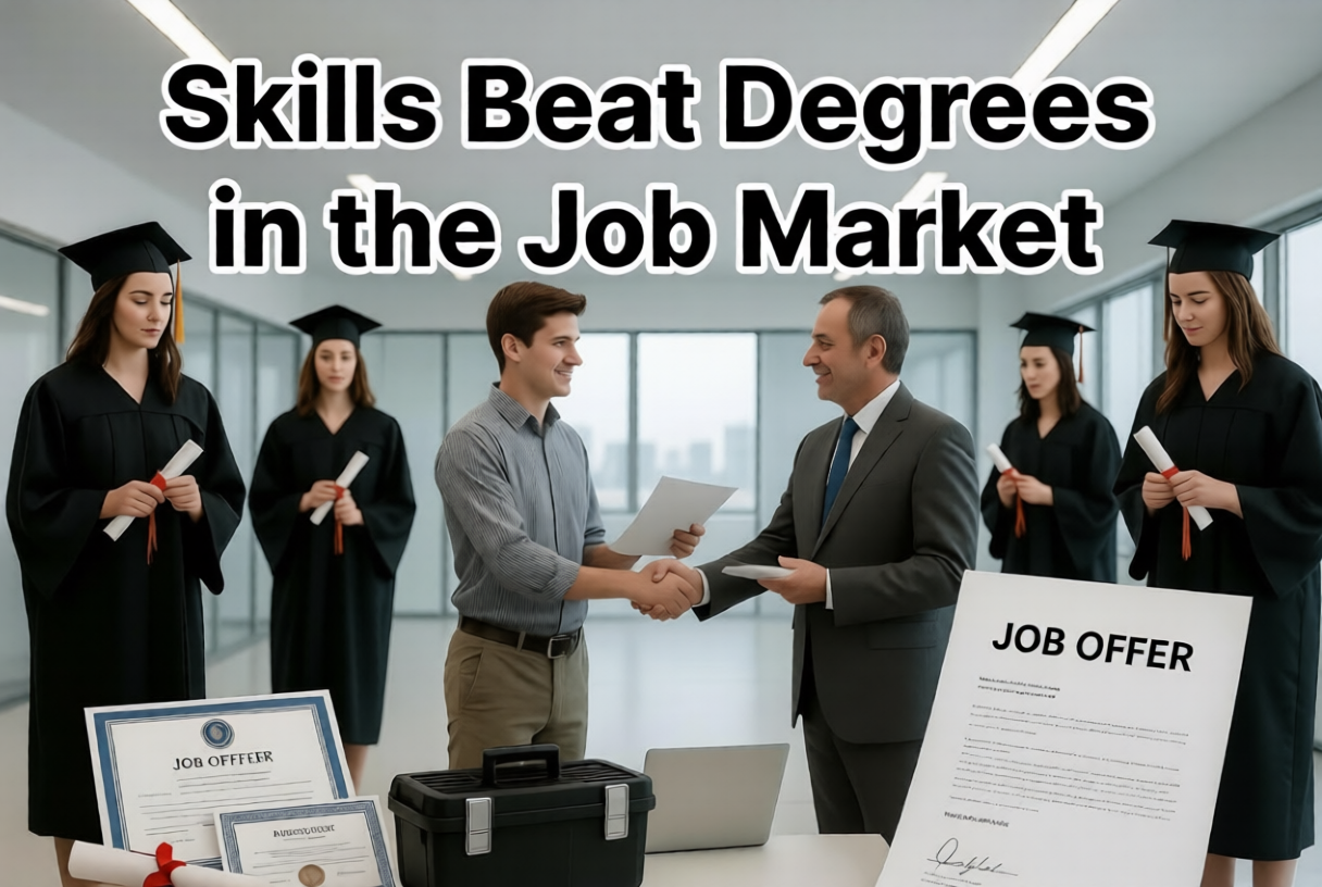 Confident young professional shaking hands with an employer while holding job offer, with other graduates in background.