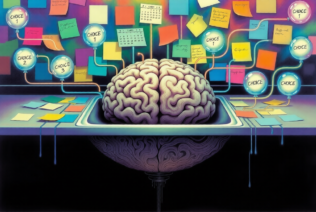 Human brain placed in a sink with colorful choice bubbles, sticky notes, and calendars draining downward into darkness.