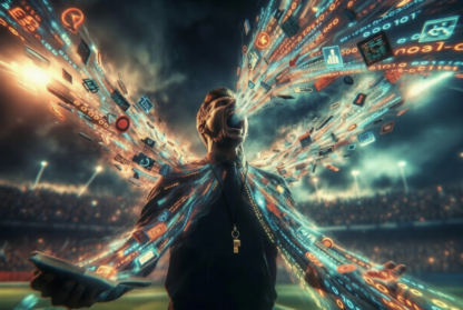 Confident coach in a stadium consuming swirling streams of code and software, representing powerful leadership ascent.
