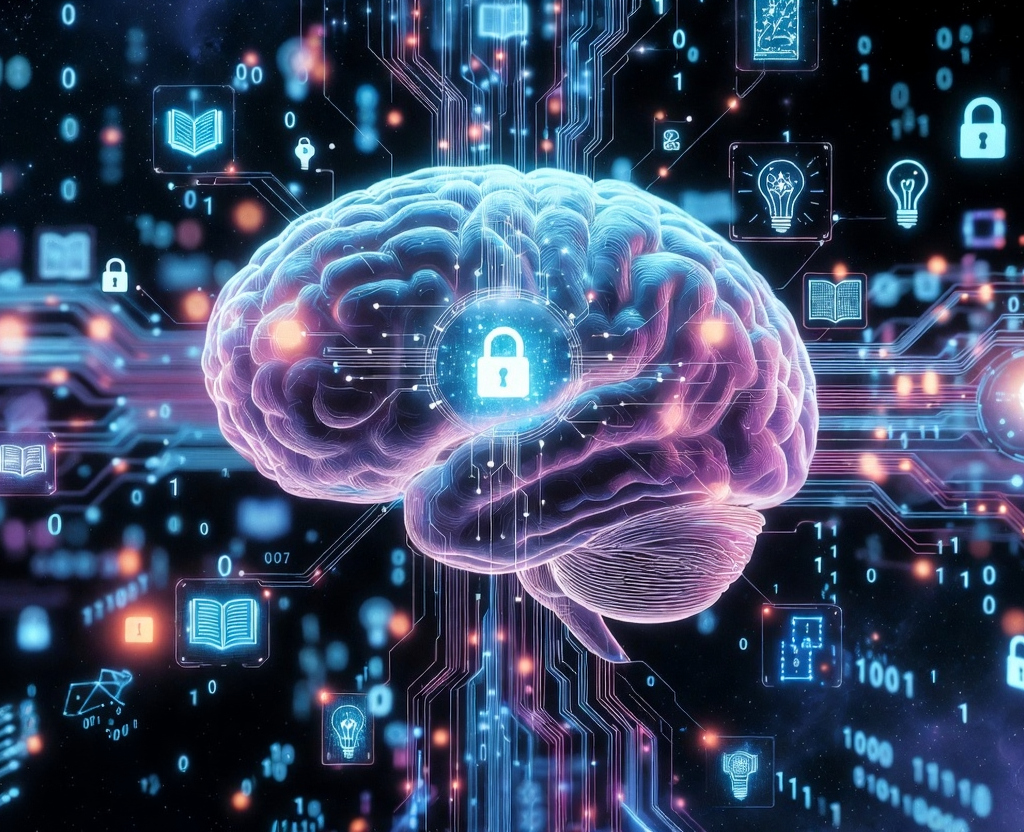 Inteligent Memory:Futuristic glowing human brain connected with digital neural circuits, memory nodes, and holographic icons on dark background