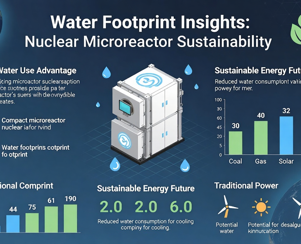 Infographic comparing water footprint of nuclear microreactors versus traditional energy sources, highlighting sustainability advantages.