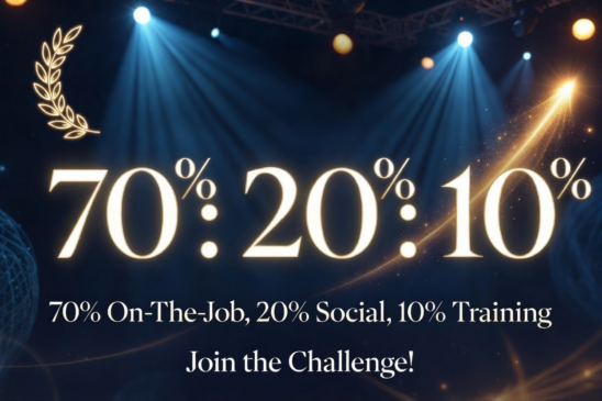 Master the 70-20-10 Rule competition banner with glowing 70 20 10 numbers on stage background Title: