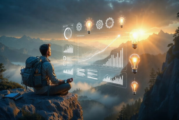Ambitious innovator meditating on a mountain cliff at dawn with floating holographic productivity dashboards and idea lightbulbs during a micro-sabbatical.
