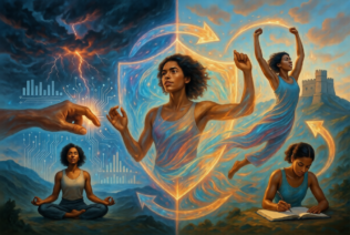 Empowering scene of a strong woman breaking through challenges in a glowing cycle with AI circuits, meditation, journaling, and a fortress, symbolizing resilience. Text: Human-in-the-Loop Habits Build Resilience.