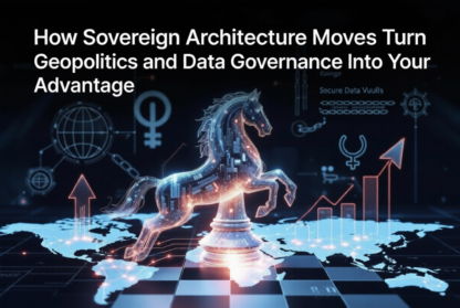 Digital knight chess piece leaping across a world map chessboard, representing sovereign architecture advantage in geopolitics and data governance.