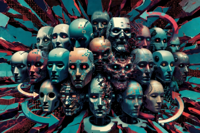 Cluster of distorted AI robot faces merging due to model inbreeding and degeneration