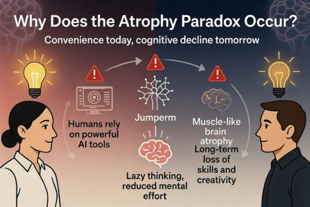 Infographic showing why the Atrophy Paradox happens — cycle of AI convenience leading to lazy thinking and long-term brain atrophy.