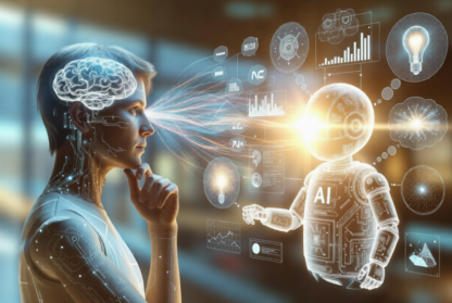 Human and AI cognitive partner collaborating with shared neural connections