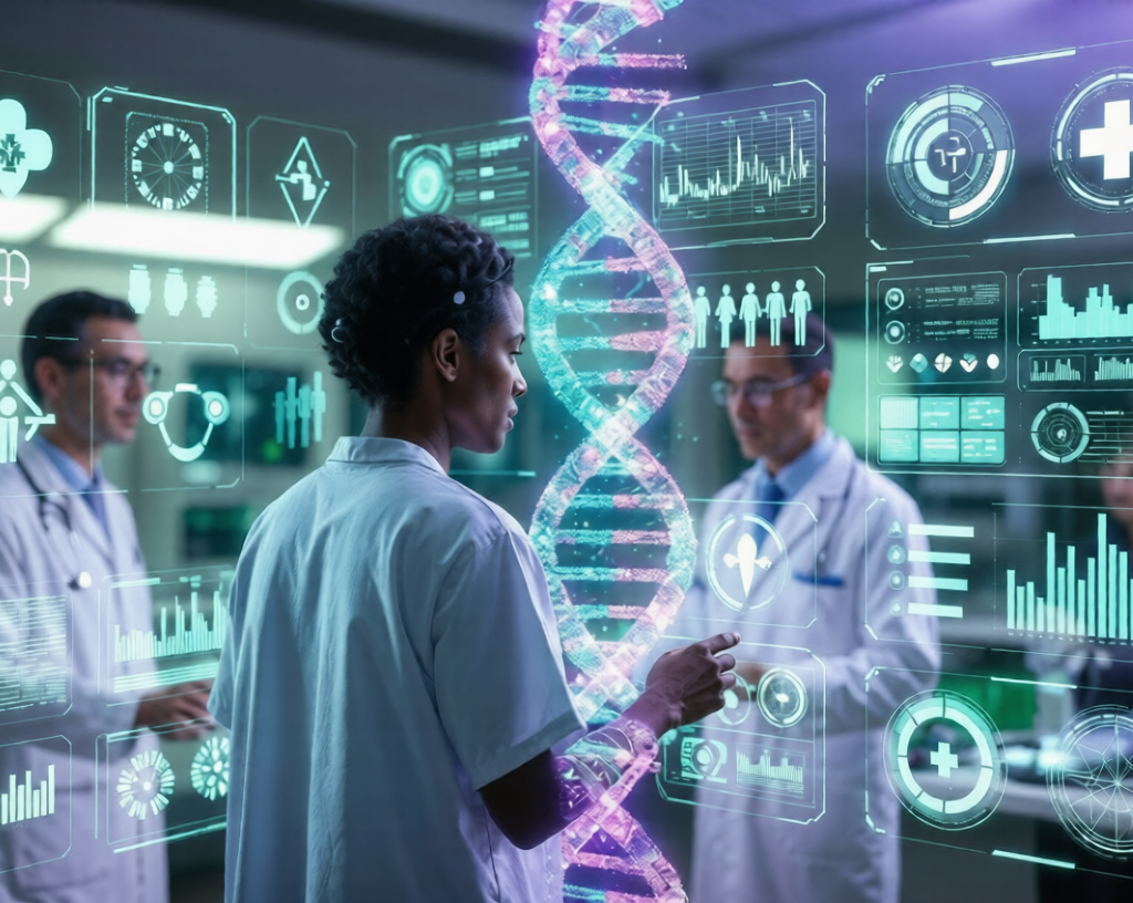 Hyper Personalized Healthcare:Futuristic medical professional interacting with holographic DNA and AI health data interfaces in a high-tech hospital.