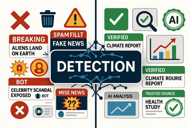 Split view of fake news spam vs verified content with AI detection