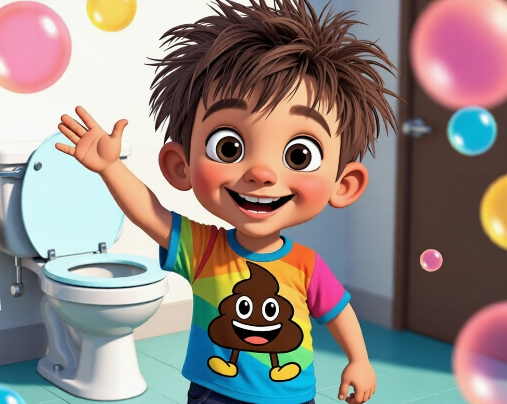 Cheerful 8-year-old boy character Poop problem waving happily in a colorful bathroom with a toilet, wearing a poop emoji t-shirt.
