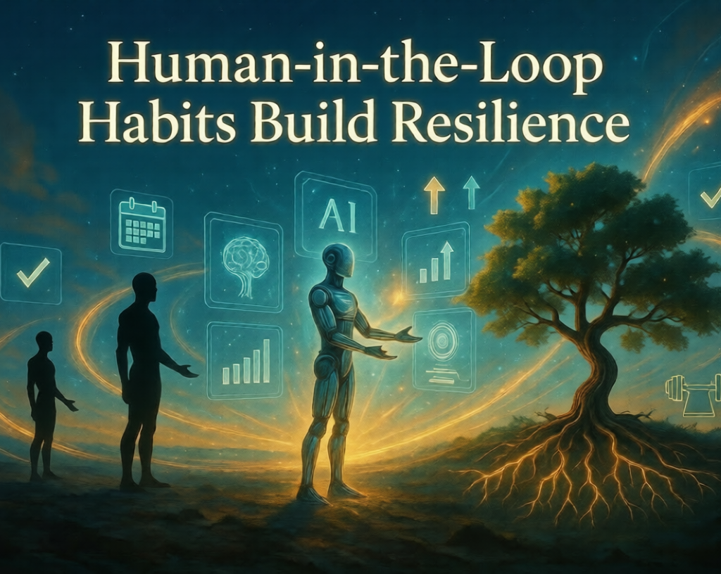 Futuristic illustration of a human and AI collaborating in a glowing feedback loop with habit icons, leading to a strong resilient tree. Text: Human-in-the-Loop Habits Build Resilience.
