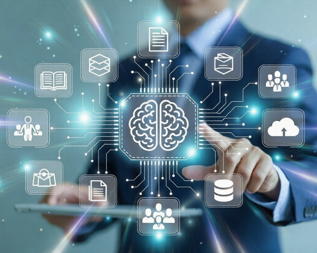 How 7 Smart Knowledge Management Fixes Stop Hallucination Futuristic digital brain connected to knowledge icons representing knowledge management system