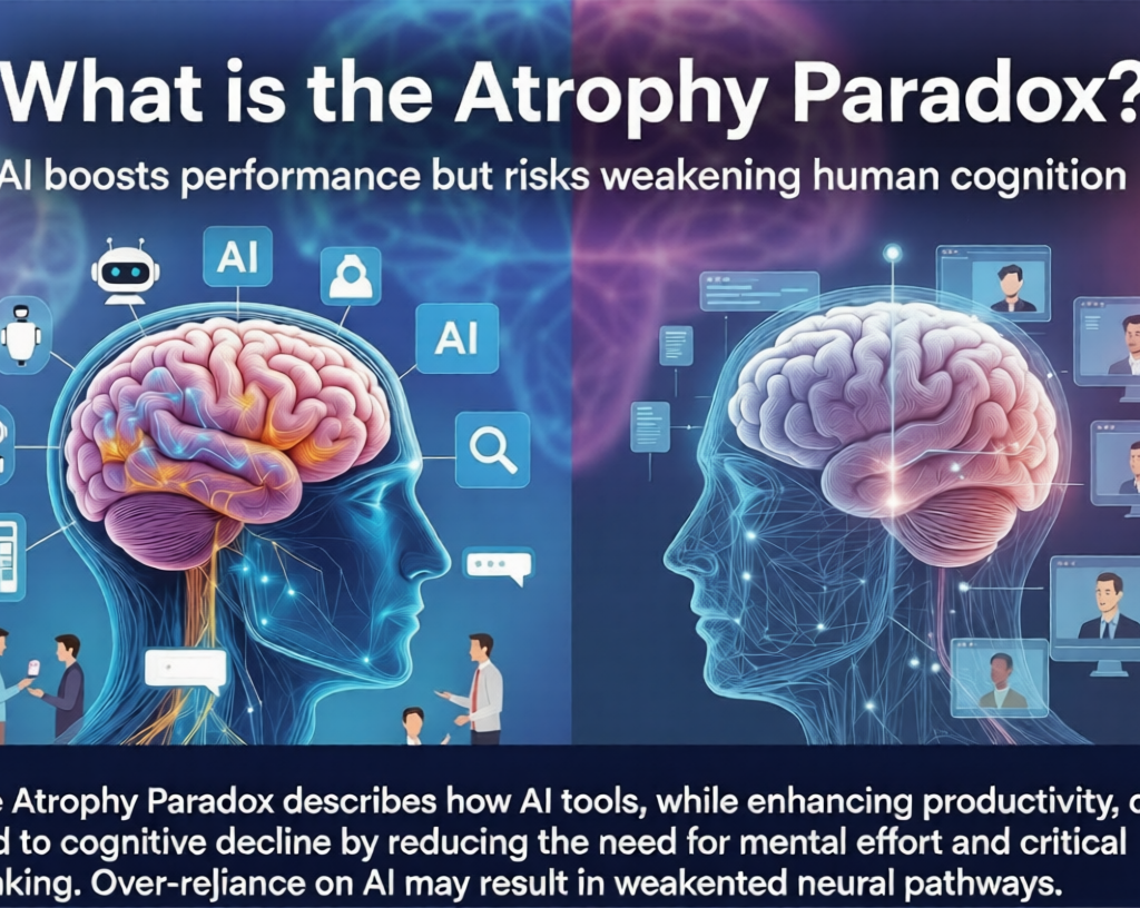 Why And What Makes Skills Fade: The Atrophy Paradox Explained(2026) Why And What:Illustrated infographic explaining the Atrophy Paradox — AI enhancing performance while risking human cognitive decline, showing active vs weakened brain with AI tools.