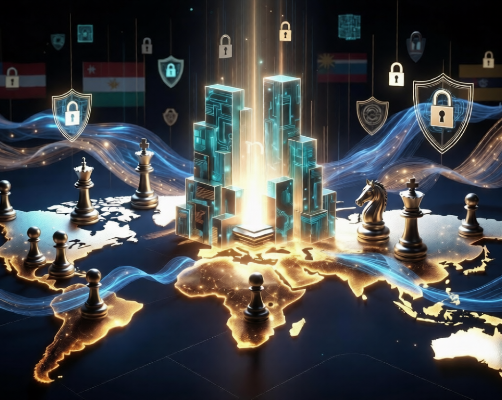 Geopolitics and Data Governance :Futuristic sovereign data fortress glowing on a world map with geopolitical chess pieces and protected data streams.