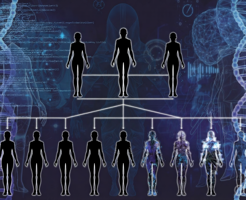 AI model family tree showing model inbreeding degeneration with degrading silhouettes and DNA helix