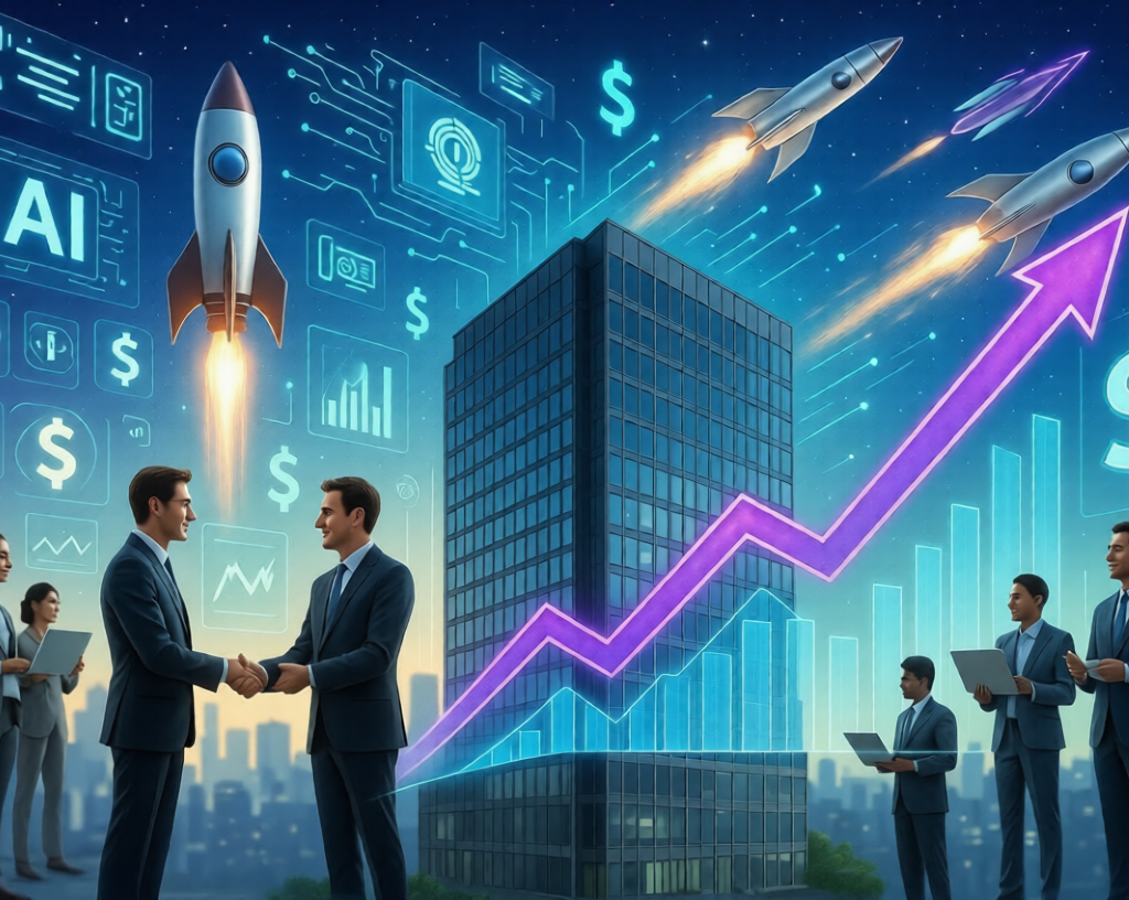 Venture capital investors shaking hands with tech startups founders in front of a modern skyscraper with rising financial graphs, rockets, and AI icons.