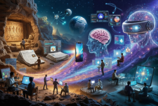 Epic timeline showing evolution of human communication from cave paintings through newspapers, smartphones to futuristic brain interfaces and virtual reality social worlds