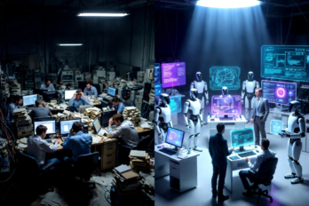 Split before-and-after view of the workforce: cluttered traditional office on the left transforming into a sleek AI-powered futuristic workspace on the right.