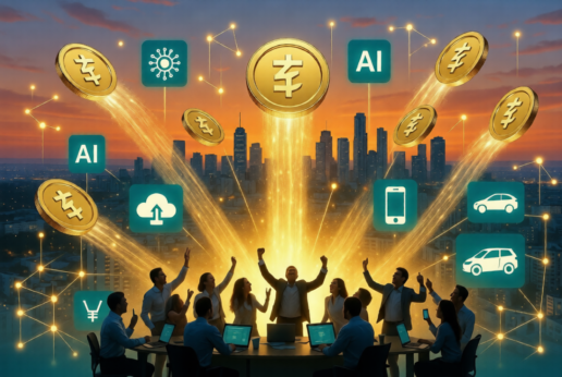 Diverse tech startup team celebrating successful funding round with golden venture capital coins and glowing tech icons over a city skyline.