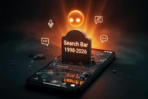 Search bar tombstone on broken smartphone screen with AI orb rising