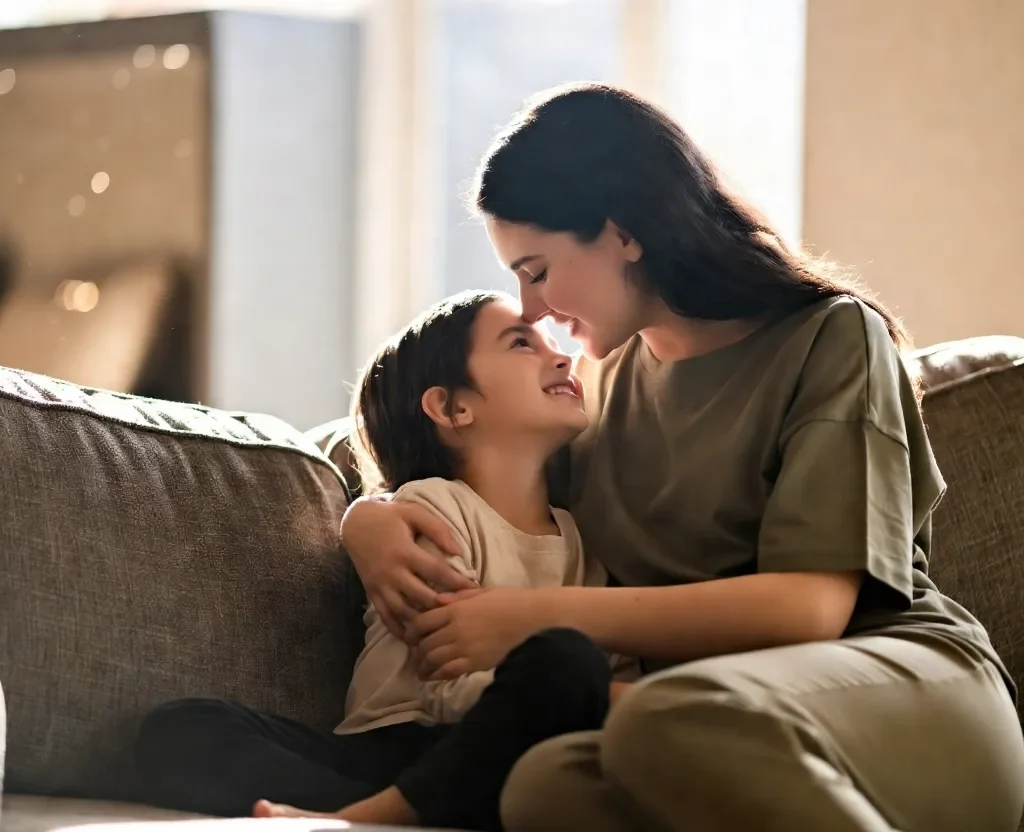 Single mother and child sharing a warm forehead touch on a sofa