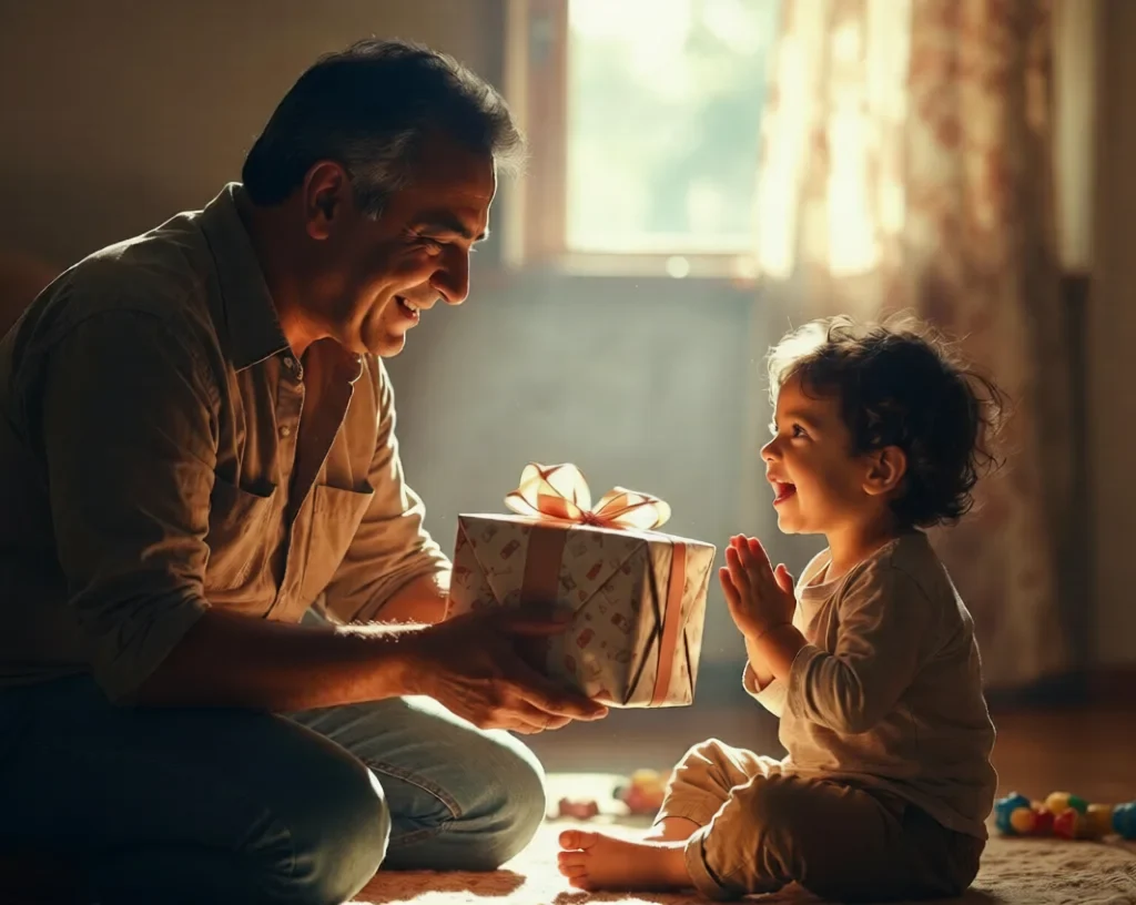 How Did My Dad Spoil Me:Father giving gift box to happy toddler