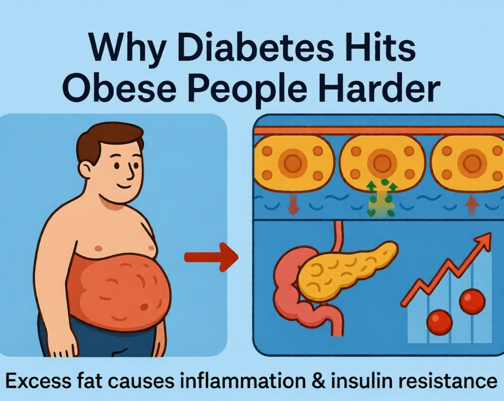 How 7 Amazing Facts Show Why Diabetes Is Common Among Obese Why Diabetes is Common Among Obese People:Obese person with highlighted abdominal fat leading to insulin resistance and high blood sugar diagram