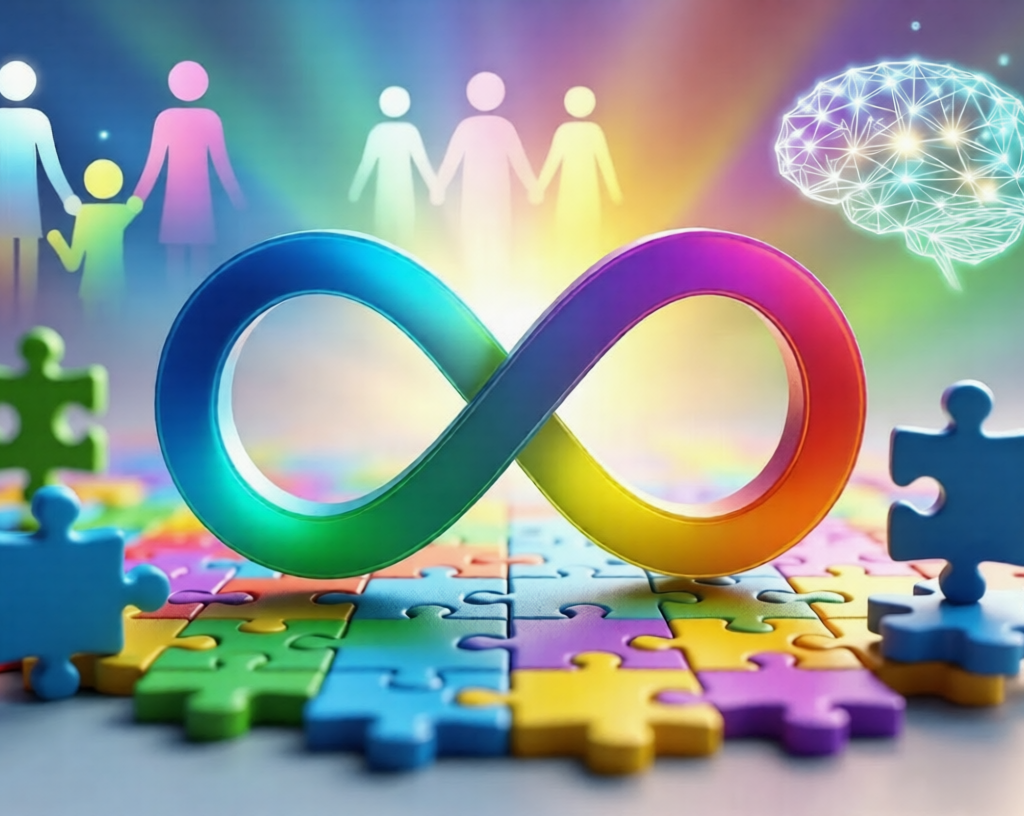 Why 7 Powerful & Hidden Autism Management Secrets Work Colorful autism neurodiversity infinity symbol with puzzle pieces, glowing brain, and diverse people silhouettes on a vibrant gradient background.