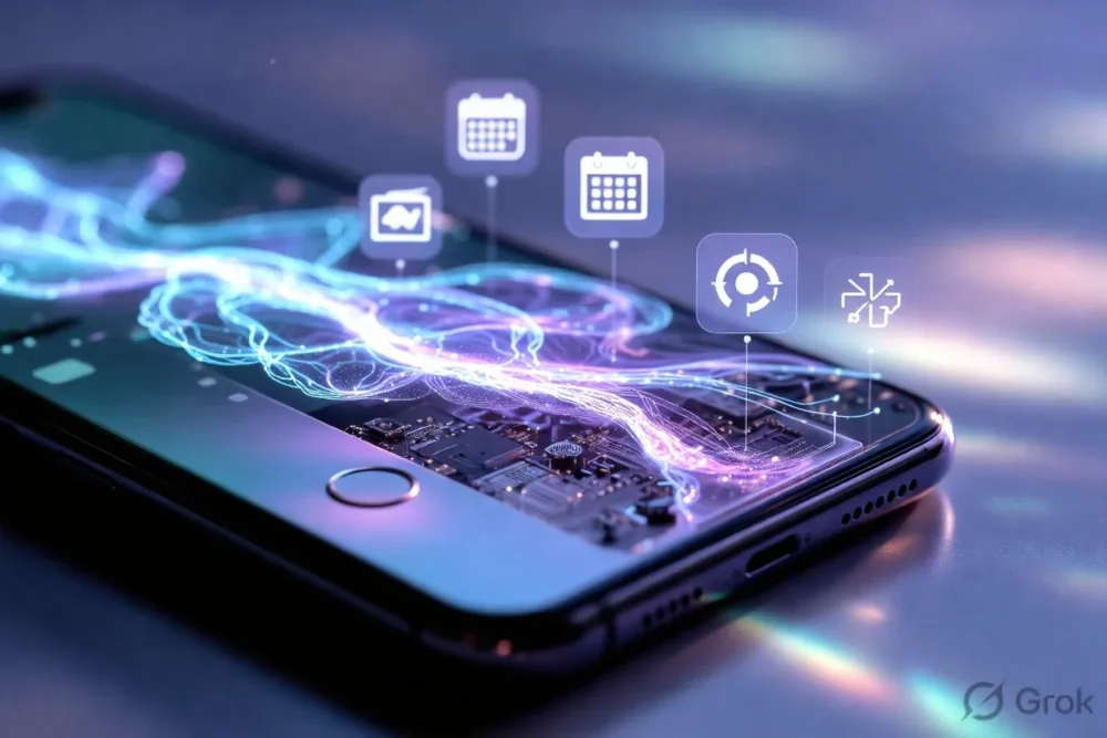 Smartphone with glowing neural pathways and floating productivity icons