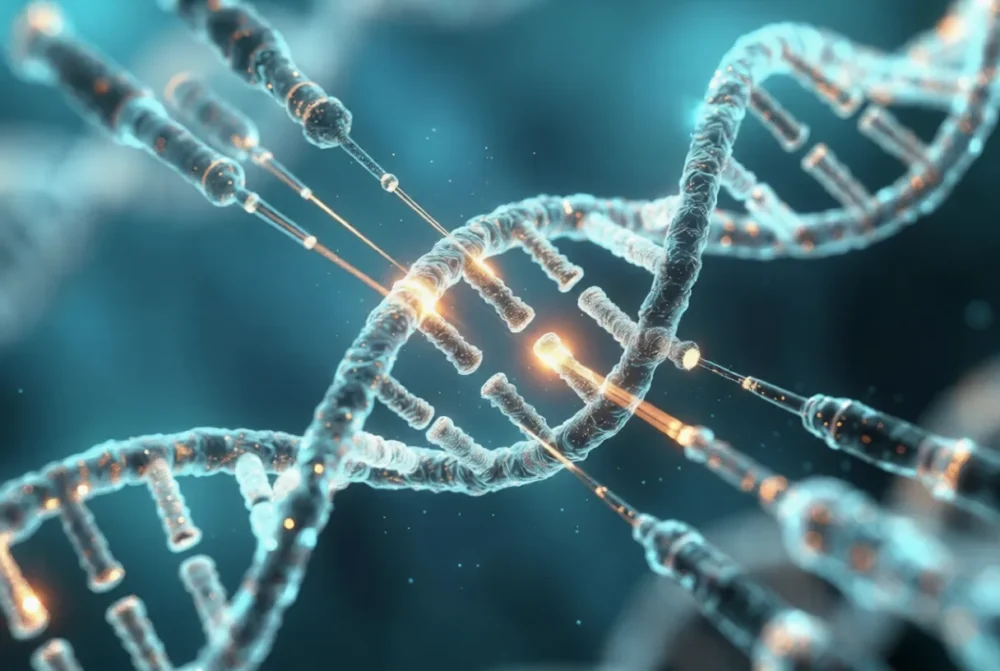 DNA strand being precisely edited by glowing nanotech tools