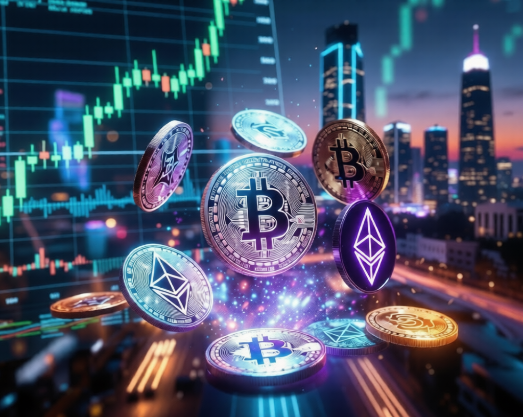 How Digital Currency Unlocks 5 Powerful Money Shifts Digital Currency:Glowing Bitcoin, Ethereum and cryptocurrency coins floating over neon financial charts and futuristic city skyline