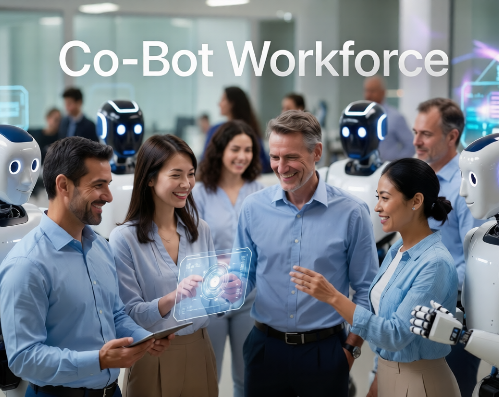 How 7 Powerful Co-Bot Secrets Build Winning Teams Diverse team collaborating with friendly Co-Bot in a modern office