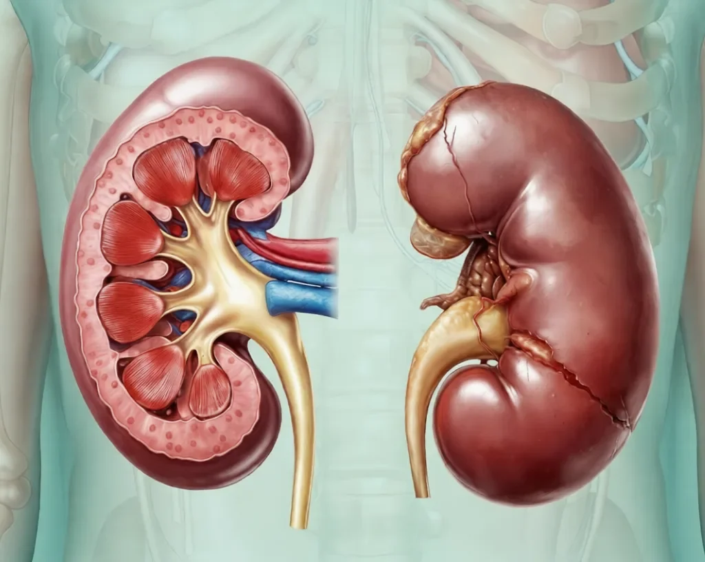 Side-by-side healthy and damaged kidney failure anatomical illustration