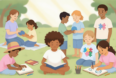 Diverse group of children and adults enjoying calm activities together in a sunny park, promoting autism inclusion and support.