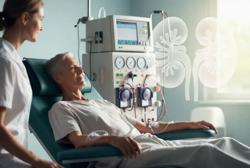 Elderly patient receiving dialysis with nurse support