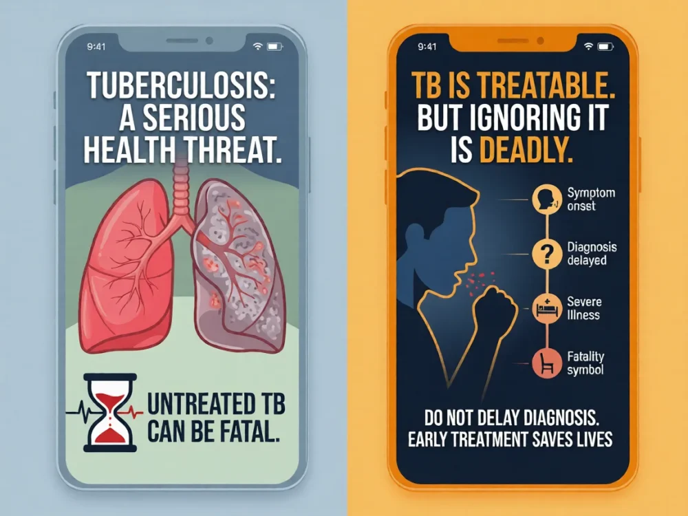 Chest X-ray showing severe glowing lung infection with the text "TUBERCULOSIS: A Serious health Threat."