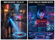 A split image showing a detective using glowing AI forensic tools in an alley on the left, and a tech investigator analyzing neon holographic server data on the right.