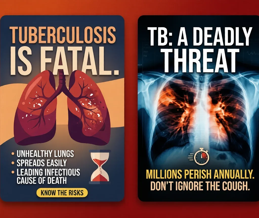 Tuberculosis Is Fatal:Graphic poster of infected lungs with the text "Tuberculosis Is Fatal" and an hourglass.