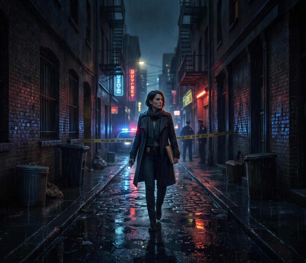 How 7 Amazing Crime and Mystry AI Secrets Work Crime and Mystry:A female detective with a flashlight walking down a dark, wet city alleyway with police lights in the background and a "Crime And Mystry" text overlay.