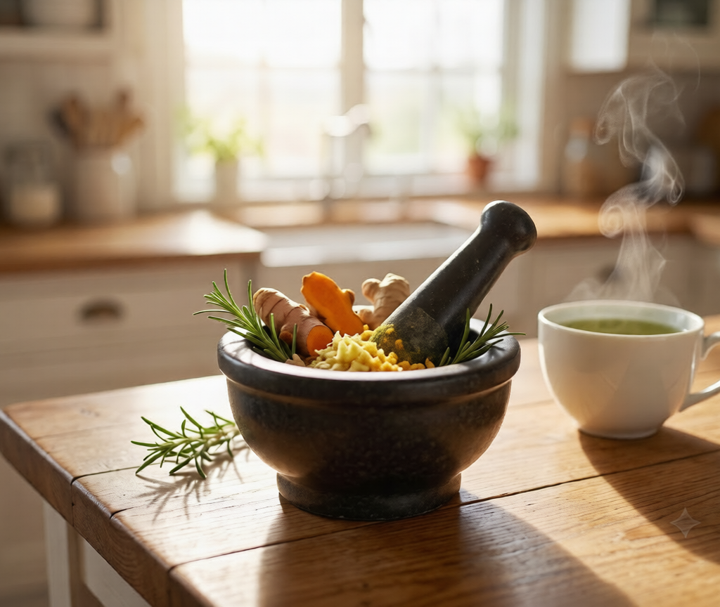Self Healing:A ceramic bowl of fresh wild blueberries and a plate with grilled wild salmon and green asparagus on a sunlit rustic wooden table, representing natural self healing through whole foods.