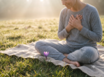 A woman in comfortable light linen clothing seated in a sunlit minimalist room, cradling a warm ceramic bowl of healthy food, with eyes closed in a moment of calm, mindful self healing.