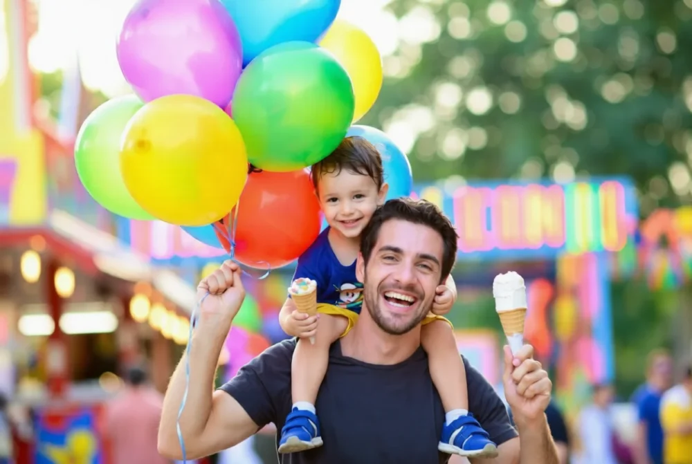 Father carrying child with balloons and ice cream