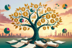 Money tree with golden coins and financial charts representing wealth growth