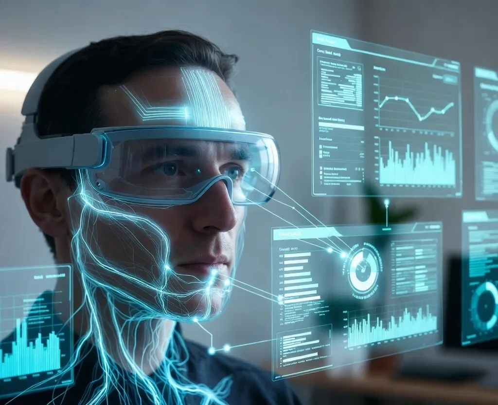 Neural Interface :Man wearing glowing neural headset connected to holographic productivity data screens