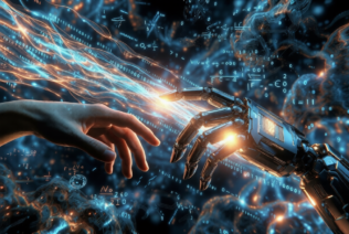 Human hand reaching toward robotic AI hand with flowing data streams and equations, symbolizing connection